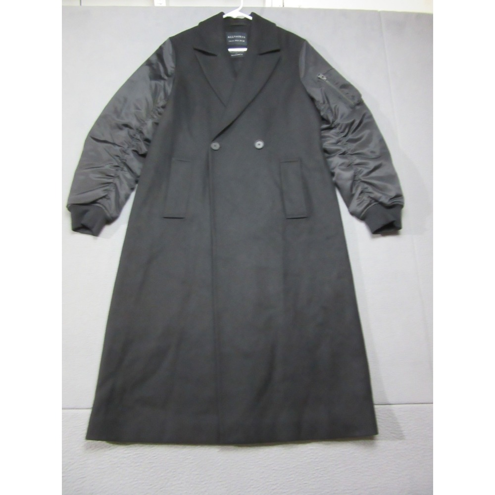 AllSaints Paula Coat Womens 6 Black Hybrid Bomber Wool Fortex Long Jacket Trench